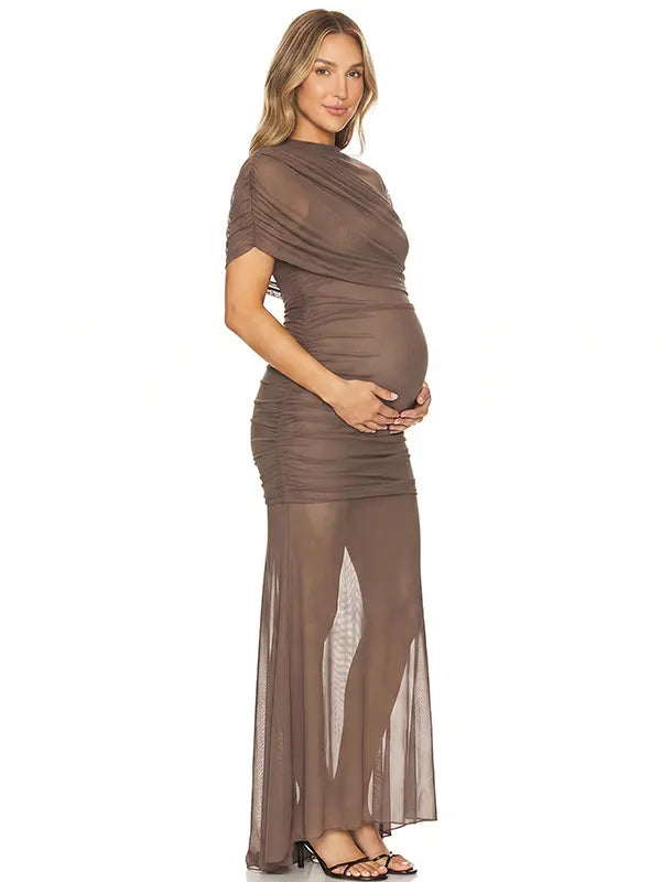 mocha mesh maternity photoshoot dress with ruched bodycon silhouette and sheer maxi skirt