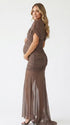 mocha mesh maternity photoshoot dress with ruched bodycon silhouette and sheer maxi skirt