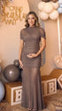 mocha mesh maternity photoshoot dress with ruched bodycon silhouette and sheer maxi skirt