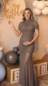 mocha mesh maternity photoshoot dress with ruched bodycon silhouette and sheer maxi skirt