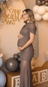 mocha mesh maternity photoshoot dress with ruched bodycon silhouette and sheer maxi skirt