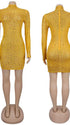 mustard yellow rhinestone maternity mini dress with long sleeves and bodycon fit