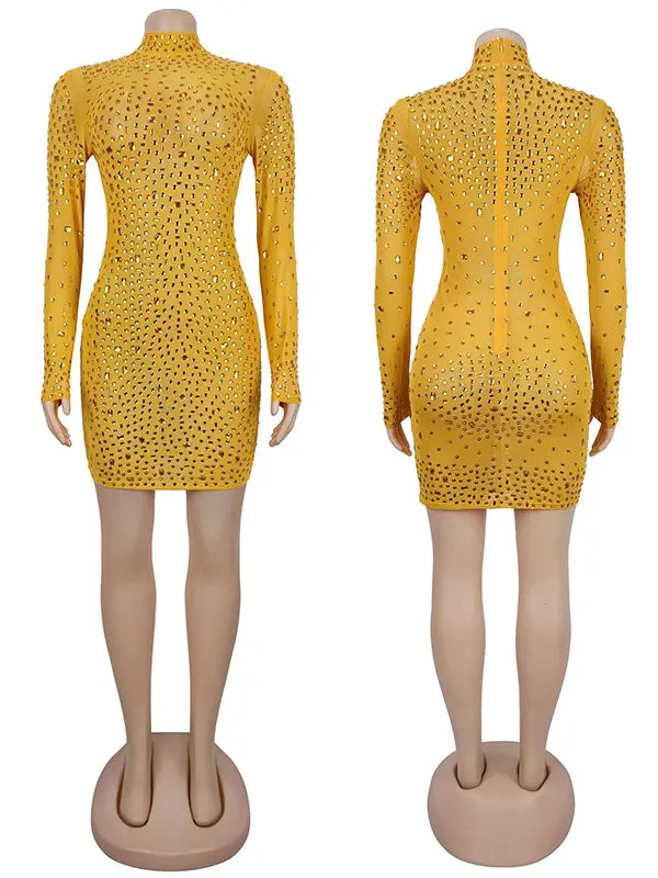 mustard yellow rhinestone maternity mini dress with long sleeves and bodycon fit
