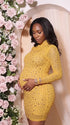 mustard yellow rhinestone maternity mini dress with long sleeves and bodycon fit