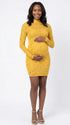 mustard yellow rhinestone maternity mini dress with long sleeves and bodycon fit
