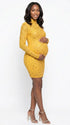 mustard yellow rhinestone maternity mini dress with long sleeves and bodycon fit