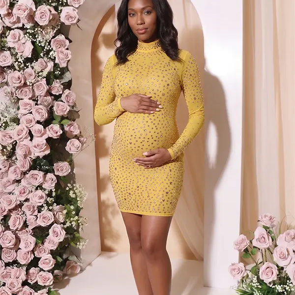 mustard yellow rhinestone maternity mini dress with long sleeves and bodycon fit