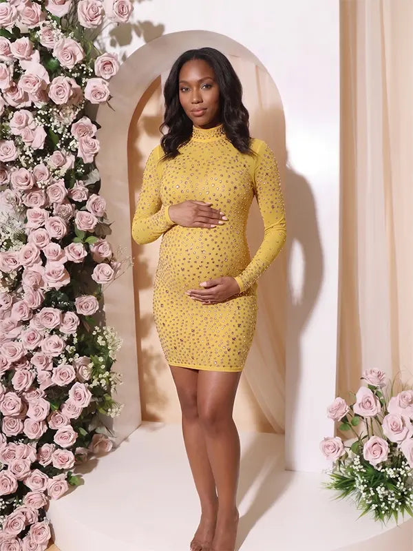 mustard yellow rhinestone maternity mini dress with long sleeves and bodycon fit