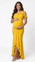 Mustard yellow ruffle halter maternity maxi dress with ruched bodycon silhouette and flowing high-low hem