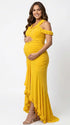 Mustard yellow ruffle halter maternity maxi dress with ruched bodycon silhouette and flowing high-low hem