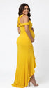 Mustard yellow ruffle halter maternity maxi dress with ruched bodycon silhouette and flowing high-low hem