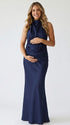 navy blue halter maternity gown with open back design and sequin waist detail