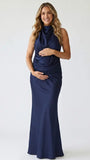navy blue halter maternity gown with open back design and sequin waist detail