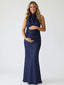 Navy Blue Halter Maternity Gown – Open Back Evening Pregnancy Dress with Sequin Waist Detail
