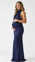 navy blue halter maternity gown with open back design and sequin waist detail