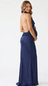 navy blue halter maternity gown with open back design and sequin waist detail