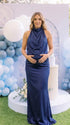 navy blue halter maternity gown with open back design and sequin waist detail