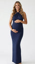 navy blue halter maternity maxi dress with open back bodycon silhouette