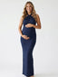 Navy Blue Halter Maternity Maxi Dress – Backless Bodycon Pregnancy Photoshoot Gown