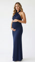 navy blue halter maternity maxi dress with open back bodycon silhouette