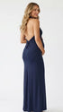 navy blue halter maternity maxi dress with open back bodycon silhouette