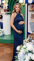 navy blue halter maternity maxi dress with open back bodycon silhouette