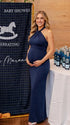 navy blue halter maternity maxi dress with open back bodycon silhouette
