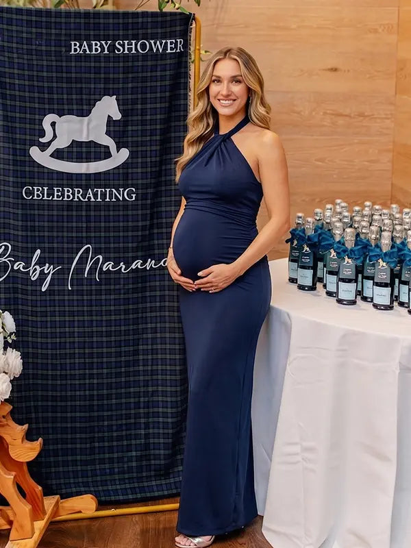 navy blue halter maternity maxi dress with open back bodycon silhouette
