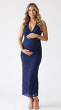 Navy Blue Lace Maternity Dress with Halter Neck for Baby Shower and Maternity Photoshoot | Bumplook