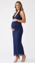 Navy Blue Bodycon Maternity Dress with Floral Lace and Halter Neck | Bumplook