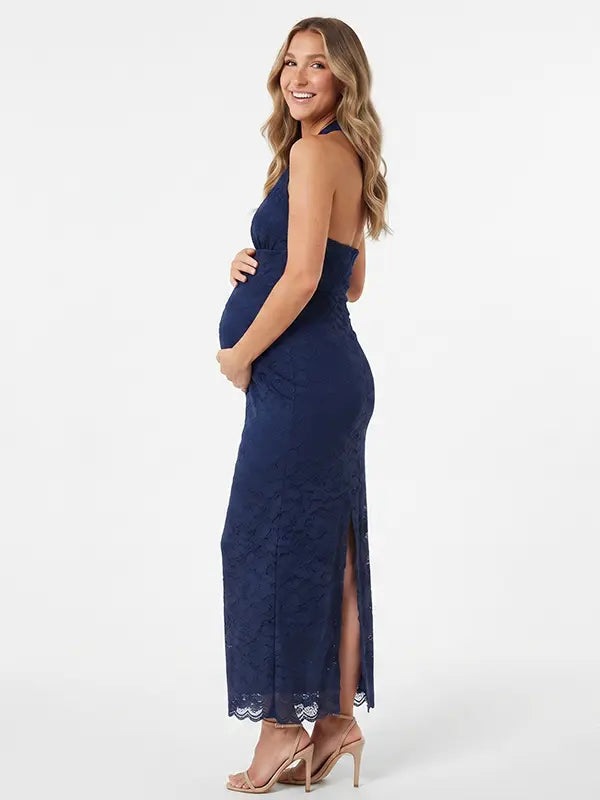 Navy Blue Open Back Lace Maternity Maxi Dress | Bumplook