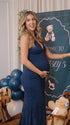 Navy Blue Lace Maternity Dress with Back Slit and Scalloped Hem | Bumplook