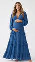 navy blue lace trim maternity maxi dress with long sleeves and flowing tiered skirt