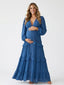 Boho Navy Blue Lace Trim Maternity Maxi Dress with Long Sleeves and Flowing Tiered Skirt