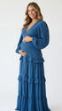 navy blue lace trim maternity maxi dress with long sleeves and flowing tiered skirt
