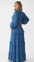 navy blue lace trim maternity maxi dress with long sleeves and flowing tiered skirt