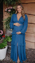 navy blue lace trim maternity maxi dress with long sleeves and flowing tiered skirt