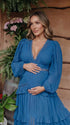 navy blue lace trim maternity maxi dress with long sleeves and flowing tiered skirt