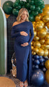 Navy Blue Off Shoulder Maternity Dress for Baby Shower and Maternity Photoshoot | Bumplook