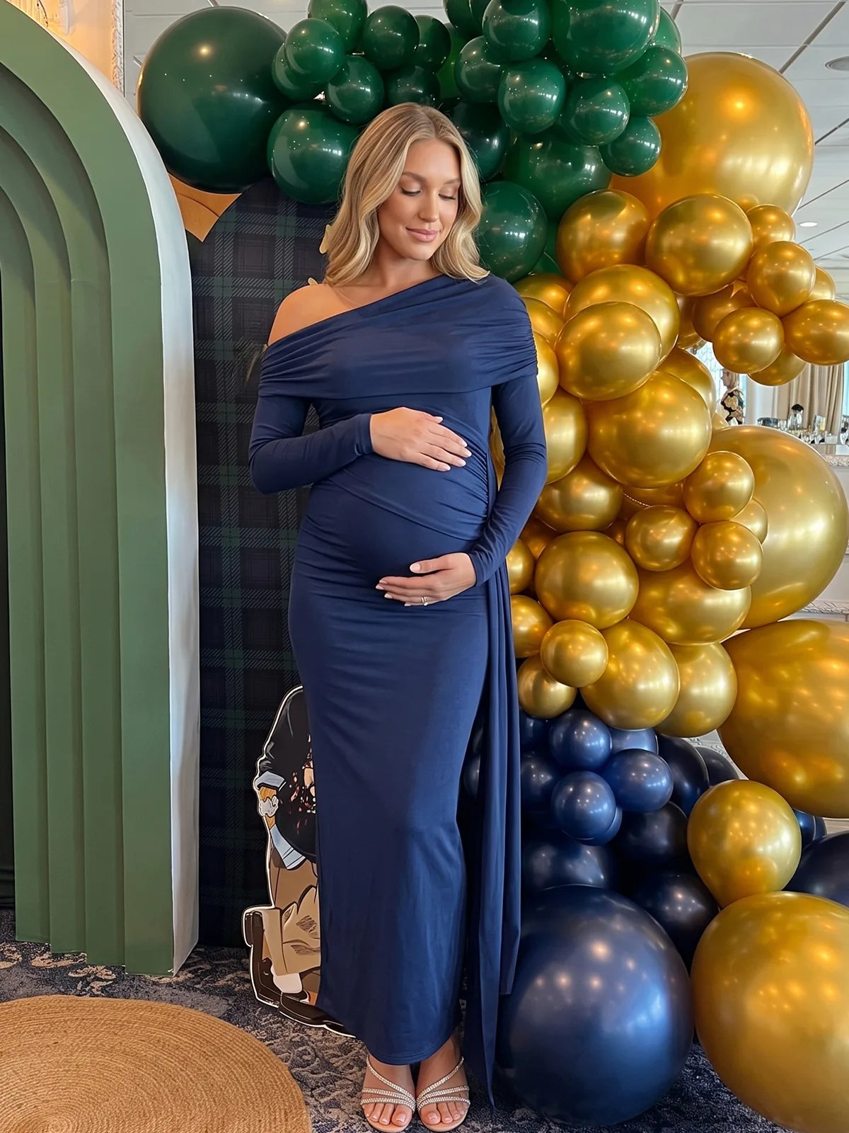 Navy Blue Off Shoulder Maternity Dress for Baby Shower and Maternity Photoshoot | Bumplook