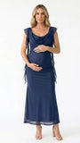 navy blue mesh maternity gown with draped neckline and cascading ruffle details