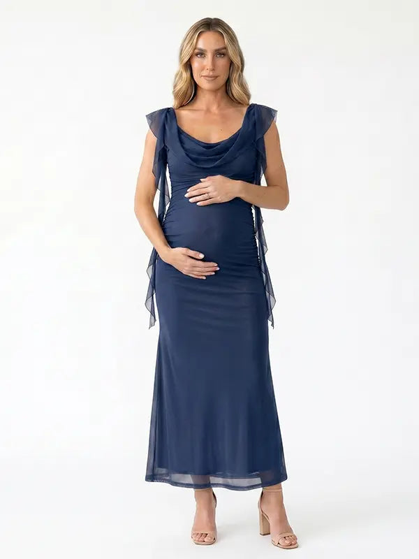 navy blue mesh maternity gown with draped neckline and cascading ruffle details