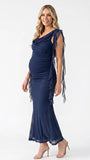 navy blue mesh maternity gown with draped neckline and cascading ruffle details