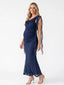 Navy Blue Mesh Maternity Gown – Elegant Bridesmaid Dress with Draped Neckline and Ruffle Details