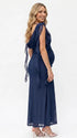 navy blue mesh maternity gown with draped neckline and cascading ruffle details