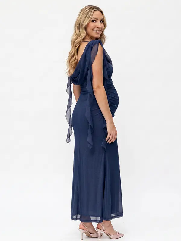 navy blue mesh maternity gown with draped neckline and cascading ruffle details