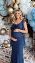 navy blue mesh maternity gown with draped neckline and cascading ruffle details