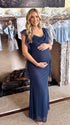 navy blue mesh maternity gown with draped neckline and cascading ruffle details