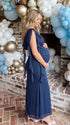 navy blue mesh maternity gown with draped neckline and cascading ruffle details