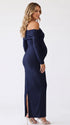 Navy Blue Maternity Wedding Guest Dress with Draped Off Shoulder Neckline | Bumplook